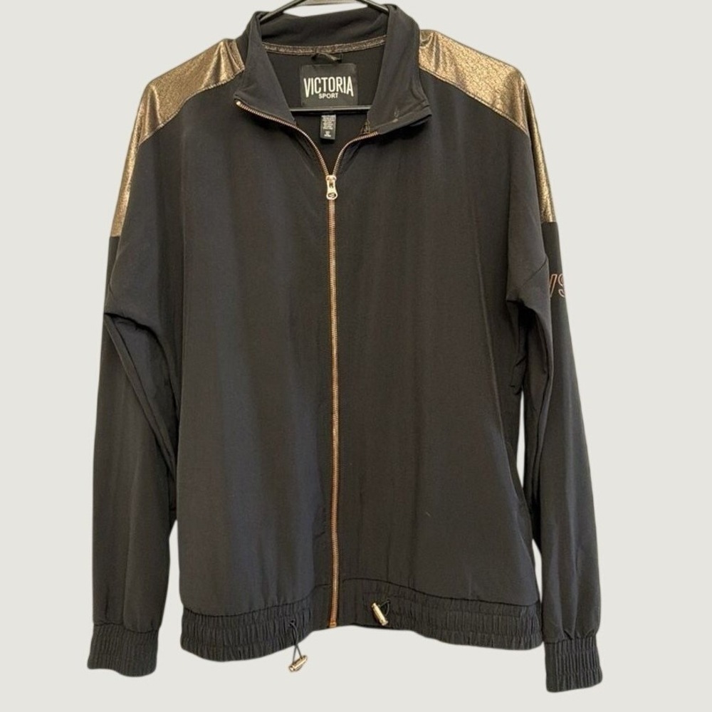 Victoria Sport Track Jacket Black Gold Metallic Foil Full Zip Women Small